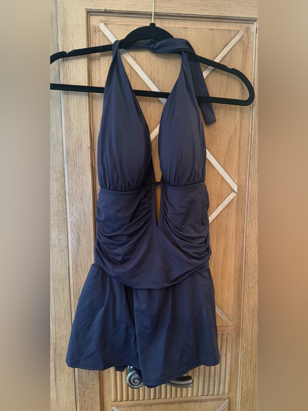 Bleu Rod Beattie Black Halter Plunge One-Piece Swimdress with Ruched Waist